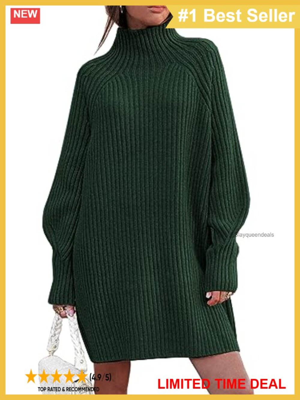 LILLUSORY Knitted Pullover Sweater Dress Mock Neck Long Lantern Sleeve Oversized